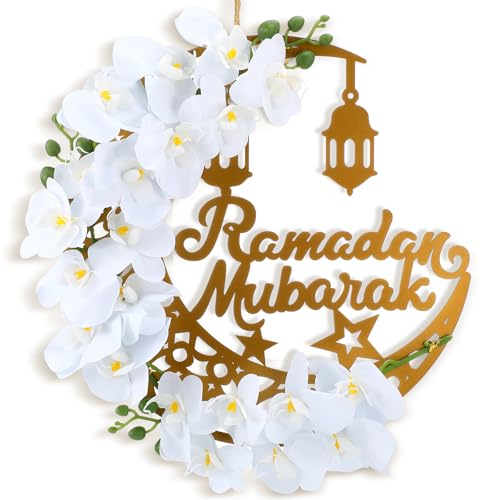 Lineshading Eid Ramadan Mubarak Wreaths Ramadan Decorations for Home Front Door Eid Decor Round Metal Hoop Floral Hanging Garland for Wall Window Indoors Outdoor Farmhouse Decor Classic - Image 1