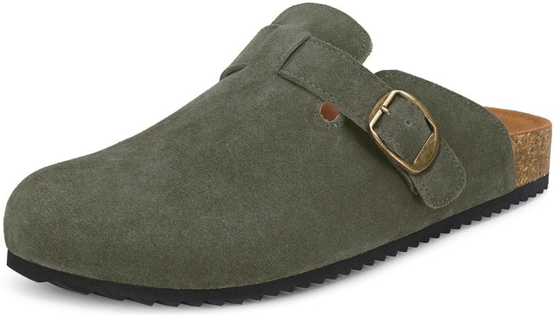 Intini Unisex Suede Leather Clogs Mules Mens Womens Cork Footbed House Slipers with Arch Support and Adjustable Buckle Army Green - Image 1