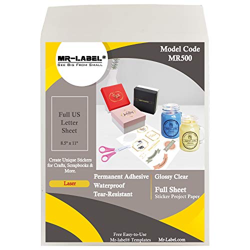 MR-Label Crystal Glossy Clear Multipurpose Labels - Waterproof & Tear-Resistant - Printable Sticker Paper for Holiday Crafts - for Laser Printer Only - 8.5" x 11" Full Sheet Labels - 25 Labels - Image 1
