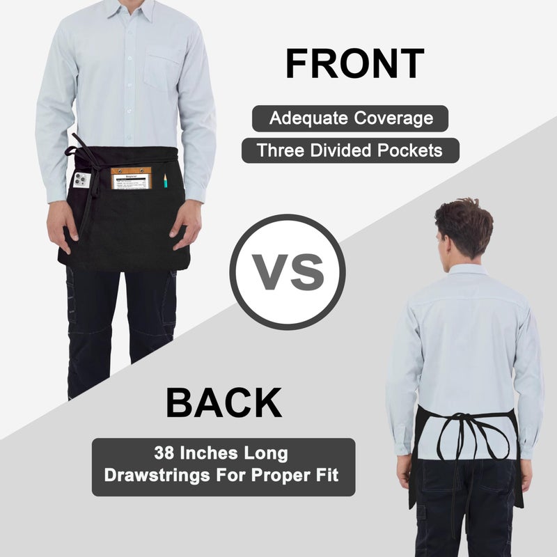 PLOYMONO Waist Apron with 3 Pockets, 1 Pack Spun Polyester Half Server Apron for Women&Men, Half-length Short Apron Long Waist Strap for Restaurant Servers, Bartenders, Hosts (24”L x 12”W) Black - Image 5