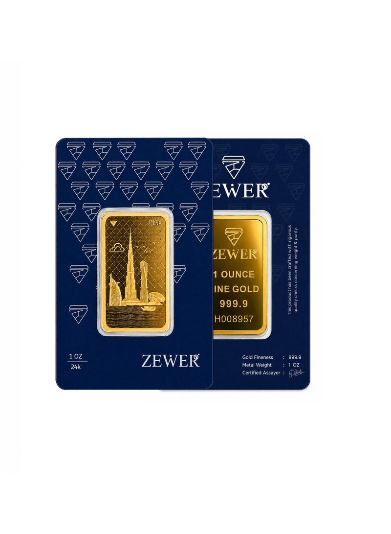 Zewer 1 Ounce (31.1g) 24K 999.9 Fine Gold Bar with Burj Khalifa Design - Image 3