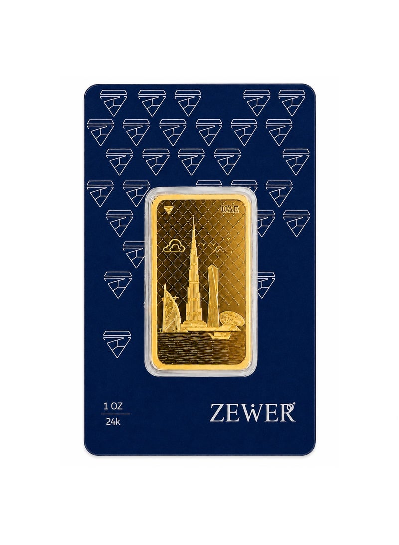Zewer 1 Ounce (31.1g) 24K 999.9 Fine Gold Bar with Burj Khalifa Design - Image 2