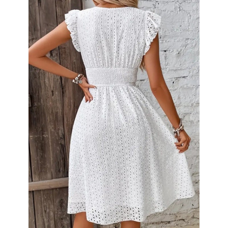 2025 Hot Selling Aliexpress Hot Selling New Multi-Color Spot European and American Summer Lotus Leaf Sleeve Elegant Dress Black - Image 3