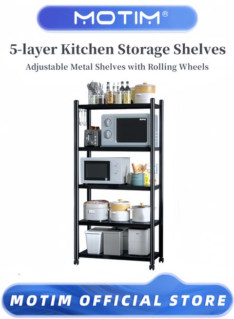 5 Layers Kitchen Storage Shelves Adjustable Metal Shelves for Storage Pantry Shelves with Rolling Wheels Storage Rack Shelving Unit Organizer for Bedroom Laundry Closet (Size 75x35x160cm)