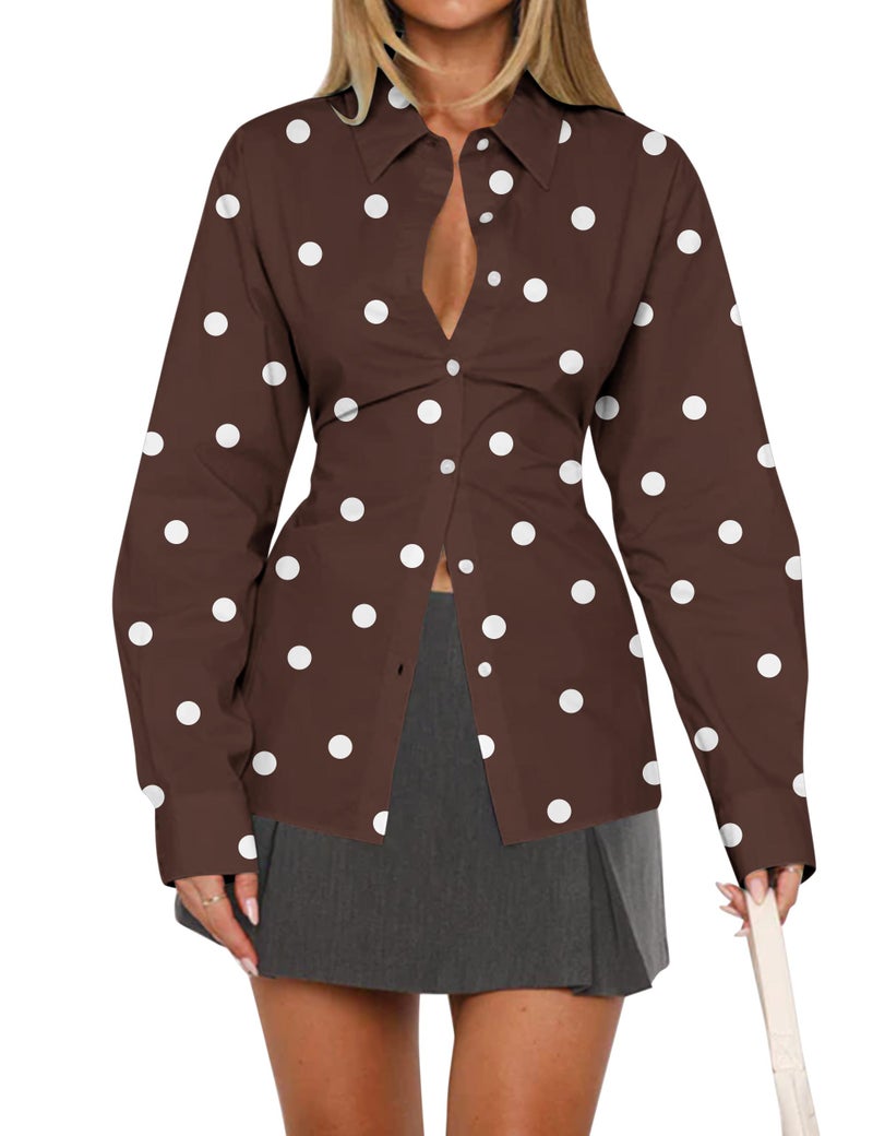 HOCANDY Women Polka Dot Blouse Cinched Waist Tie Back Corset Blouses Long Sleeve Button Down Shirts Lapel Collar Tunic Shirt - Image 1
