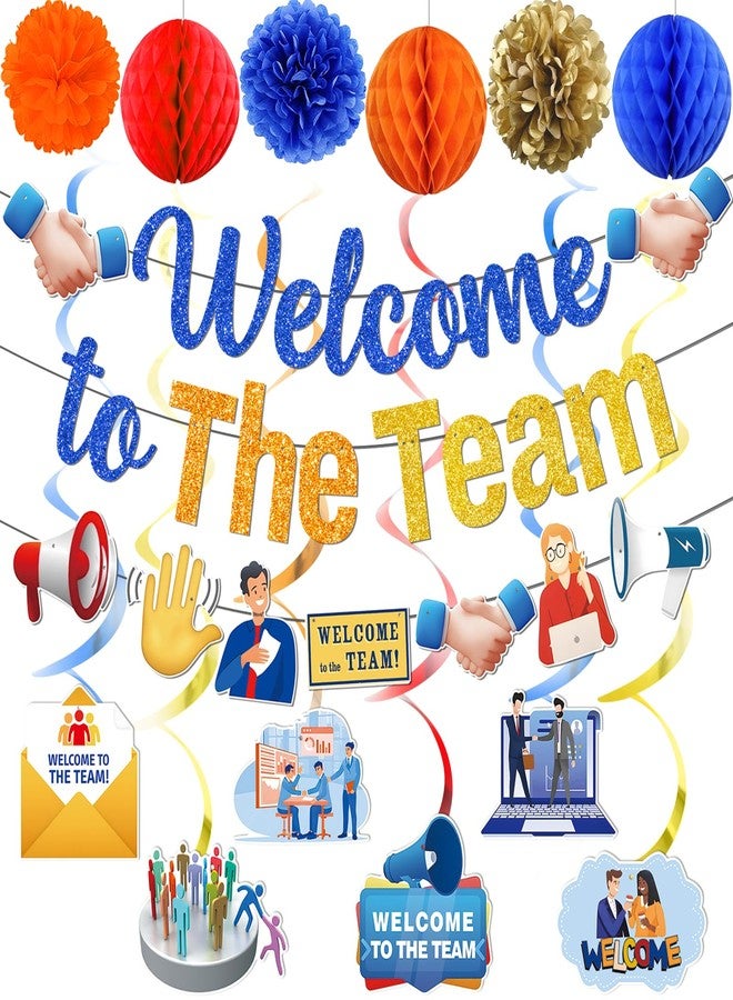 MZ.ogm Welcome To The Team Banner, Welcome Banner Garland Hanging Swirls Paper Flowers Honeycomb Balls, Welcome Decorations for Employee Office Coworker Teacher Colleague Staff - Image 1