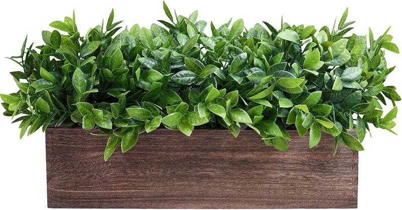 Winlyn 14" Artificial Boxwood Plants in Rectangular Wood Planter Farmhouse Greenery Arrangement Centerpiece Faux Potted Herb Plant for Wedding Dining Room Table Kitchen Windowsill Mantel Shelf Décor - Image 1