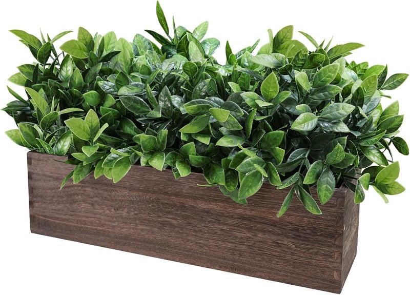 Winlyn 14" Artificial Boxwood Plants in Rectangular Wood Planter Farmhouse Greenery Arrangement Centerpiece Faux Potted Herb Plant for Wedding Dining Room Table Kitchen Windowsill Mantel Shelf Décor - Image 2