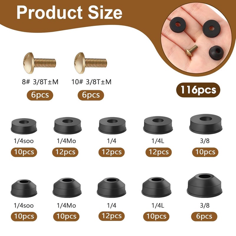 Sliverdew Rubber Washers Repair Kit - 116 Pcs Assorted Flat & Beveled Washers, Brass Bibb Screws for Outdoor Faucet Leak Repair - Image 2