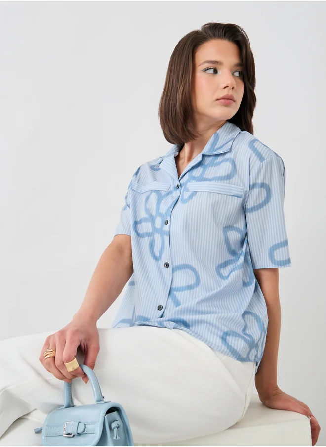 تايك تو Take Two Floral Print Short Sleeve Oversized Shirt