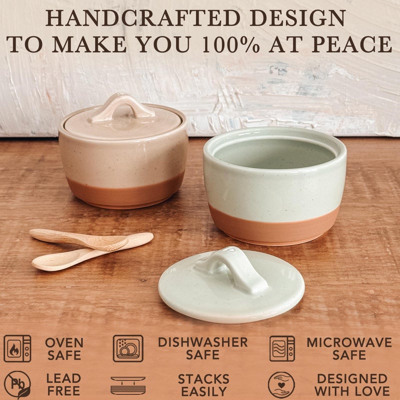 Mora Ceramic Salt and Pepper Cellar Set with Lid - 10 oz Modern Canister/Container/Bowl for Storage, Sea Salt, Spice, Sugar, Countertop - Small Dish/Jar with Wood Spoon, Matcha & Chai Crock - Image 4