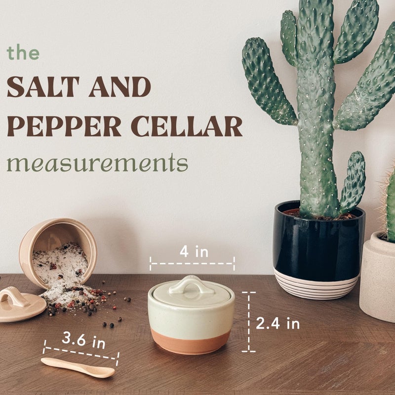 Mora Ceramic Salt and Pepper Cellar Set with Lid - 10 oz Modern Canister/Container/Bowl for Storage, Sea Salt, Spice, Sugar, Countertop - Small Dish/Jar with Wood Spoon, Matcha & Chai Crock - Image 2