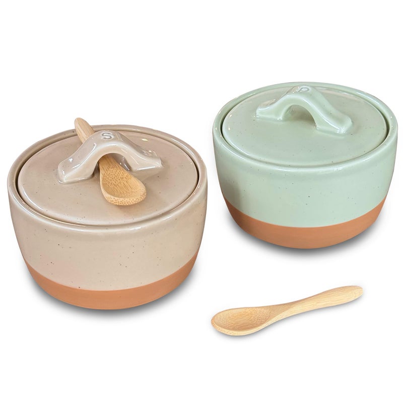 Mora Ceramic Salt and Pepper Cellar Set with Lid - 10 oz Modern Canister/Container/Bowl for Storage, Sea Salt, Spice, Sugar, Countertop - Small Dish/Jar with Wood Spoon, Matcha & Chai Crock - Image 1