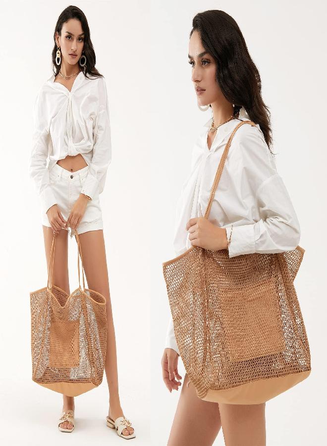 HOXIS Mesh Beach Tote Womens Shoulder Handbag Tan - Image 2