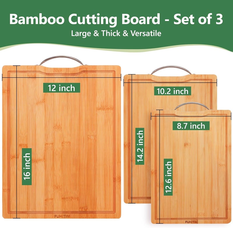 FUHITIM Bamboo Cutting Board, Wooden Cutting Boards for Kitchen with Double Sided Deep Juice Grooves & Wide Handle, Ideal Charcuterie & Chopping Board for Meat, Vegetables and Fruits - Image 2