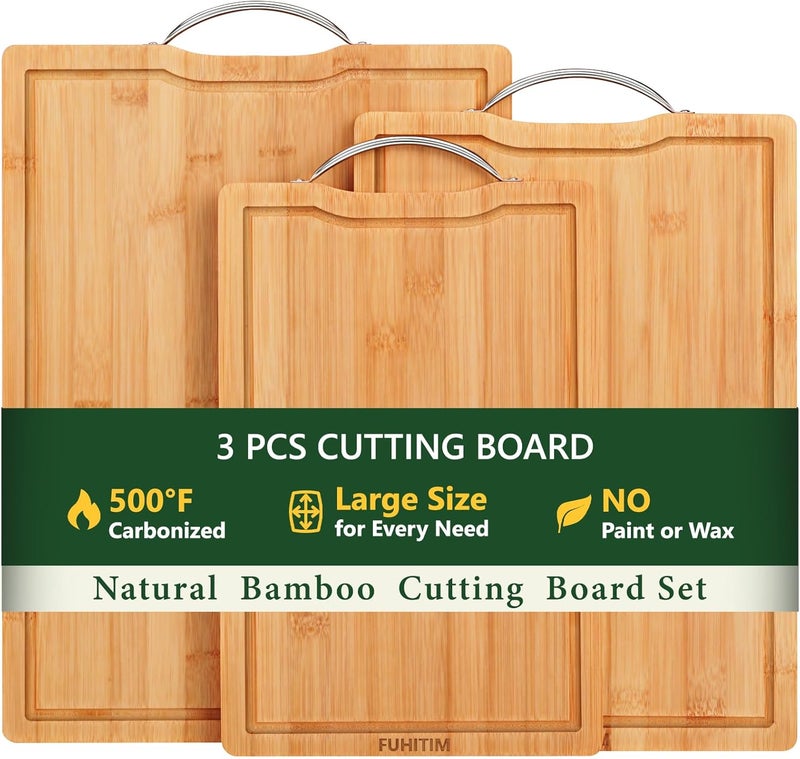 FUHITIM Bamboo Cutting Board, Wooden Cutting Boards for Kitchen with Double Sided Deep Juice Grooves & Wide Handle, Ideal Charcuterie & Chopping Board for Meat, Vegetables and Fruits - Image 1