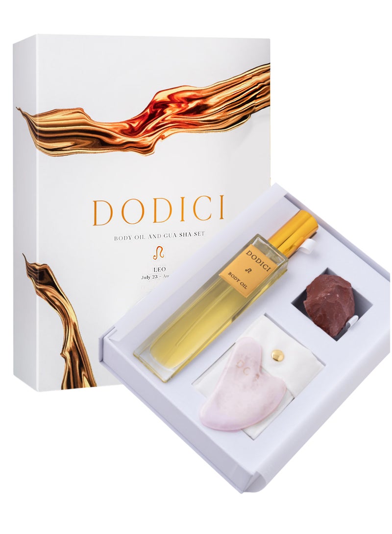 Dodici Gift Set Inspired by Your Zodiac Sign (Leo) Silky and luxurious body oil made from ecological oils | Perfect for a Birthday Gift | Organic Body Oil & Natural RED JASPER Gift Set + Gua Sha - Image 1