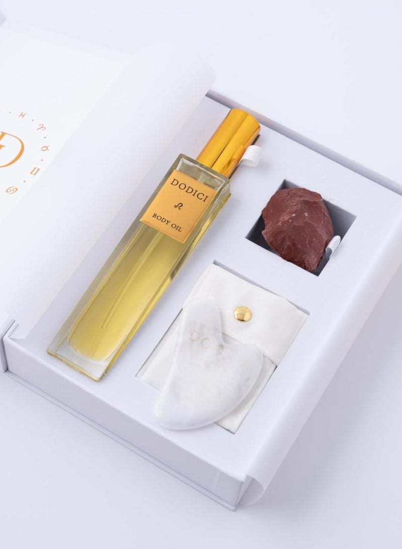 Dodici Gift Set Inspired by Your Zodiac Sign (Leo) Silky and luxurious body oil made from ecological oils | Perfect for a Birthday Gift | Organic Body Oil & Natural RED JASPER Gift Set + Gua Sha - Image 4
