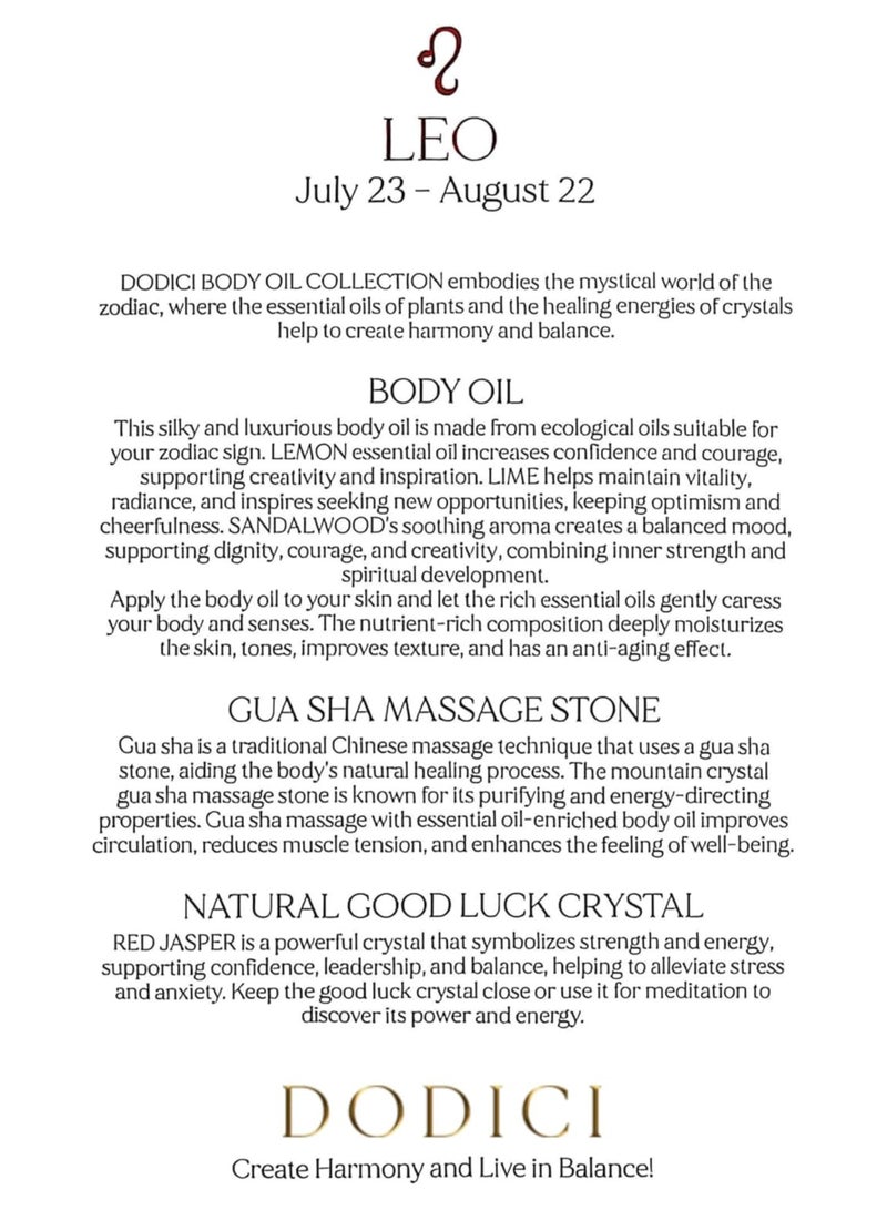 Dodici Gift Set Inspired by Your Zodiac Sign (Leo) Silky and luxurious body oil made from ecological oils | Perfect for a Birthday Gift | Organic Body Oil & Natural RED JASPER Gift Set + Gua Sha - Image 3