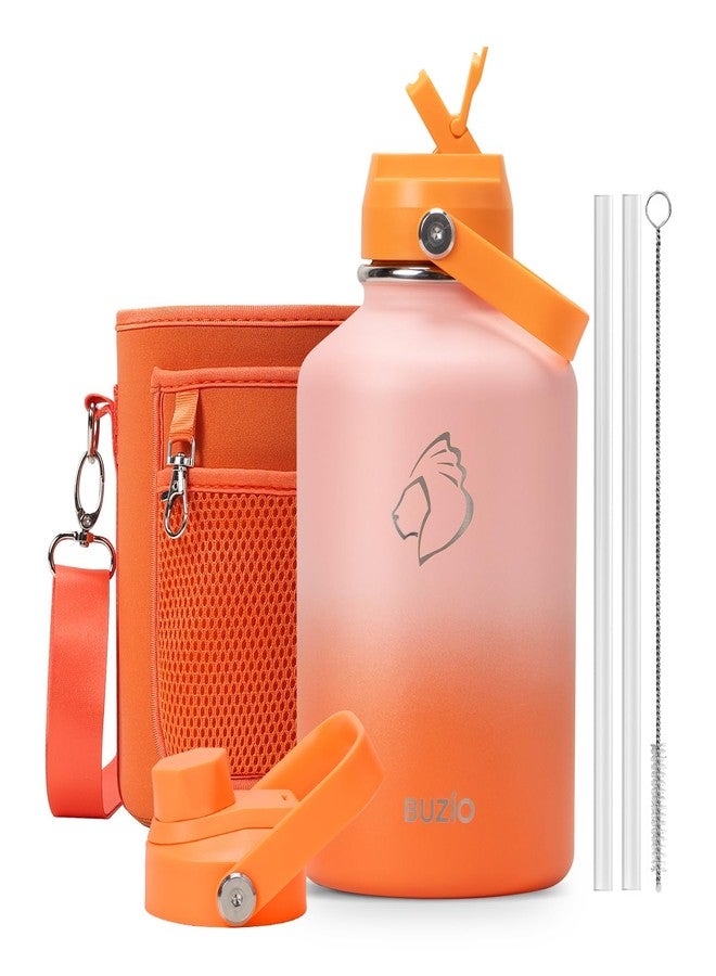 BUZIO 64oz Insulated Water Bottle, Stainless Steel Water Flask with Straw Lid and carrying pouch, Keep Cold 48h Leak Proof Double Wall Vacuum Travel Mug Metal Canteen for Gym Beach, Gradient Orange - Image 1