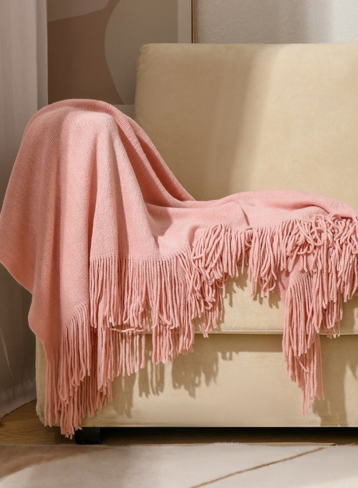 Loquat Solid Color Tassel Design Knitted Soft Throw Blanket Keep Warm Pink - Image 1