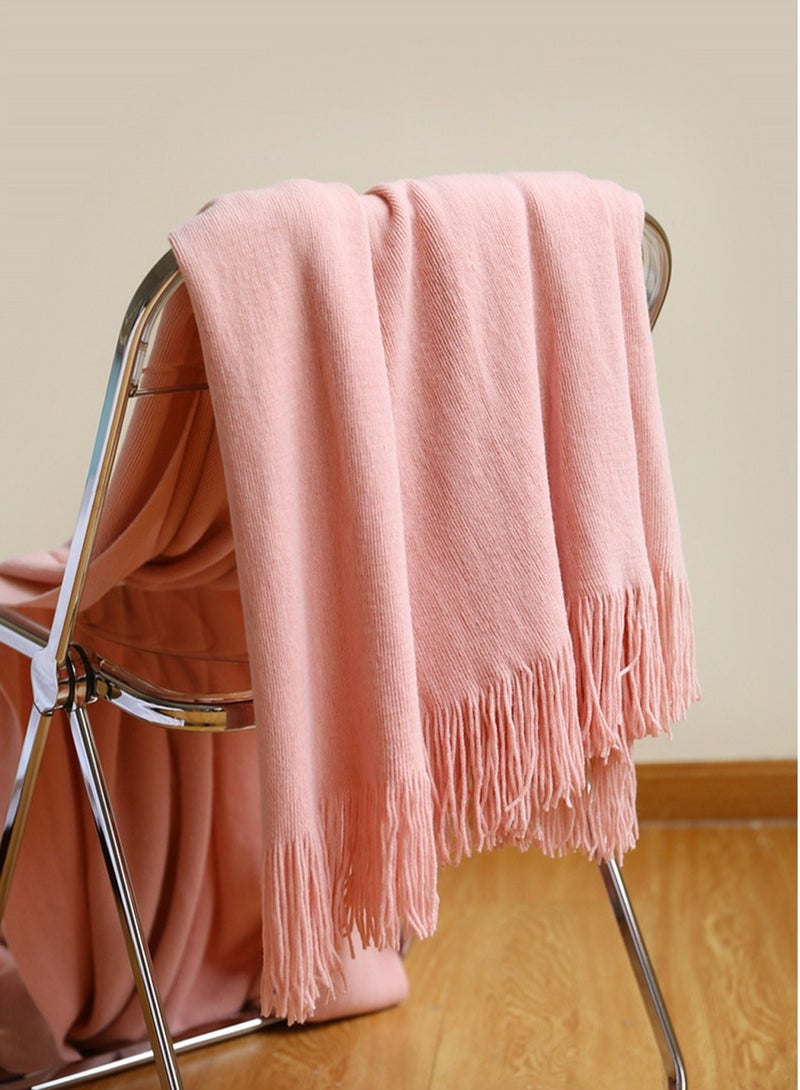 Loquat Solid Color Tassel Design Knitted Soft Throw Blanket Keep Warm Pink - Image 2
