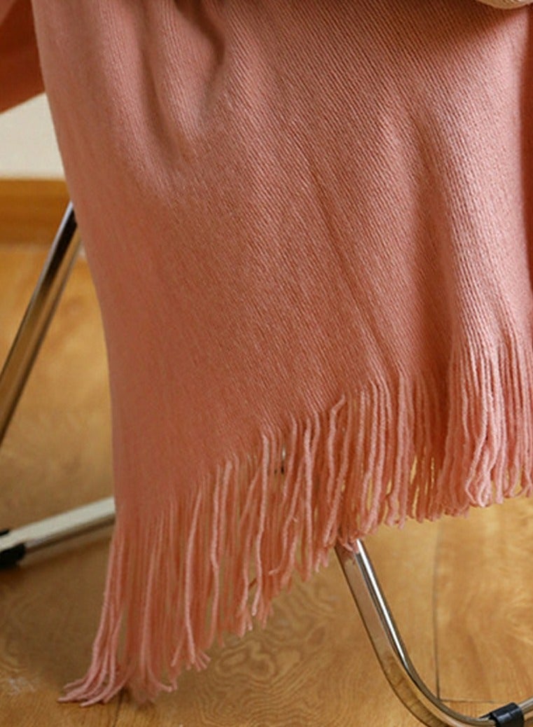 Loquat Solid Color Tassel Design Knitted Soft Throw Blanket Keep Warm Pink - Image 3
