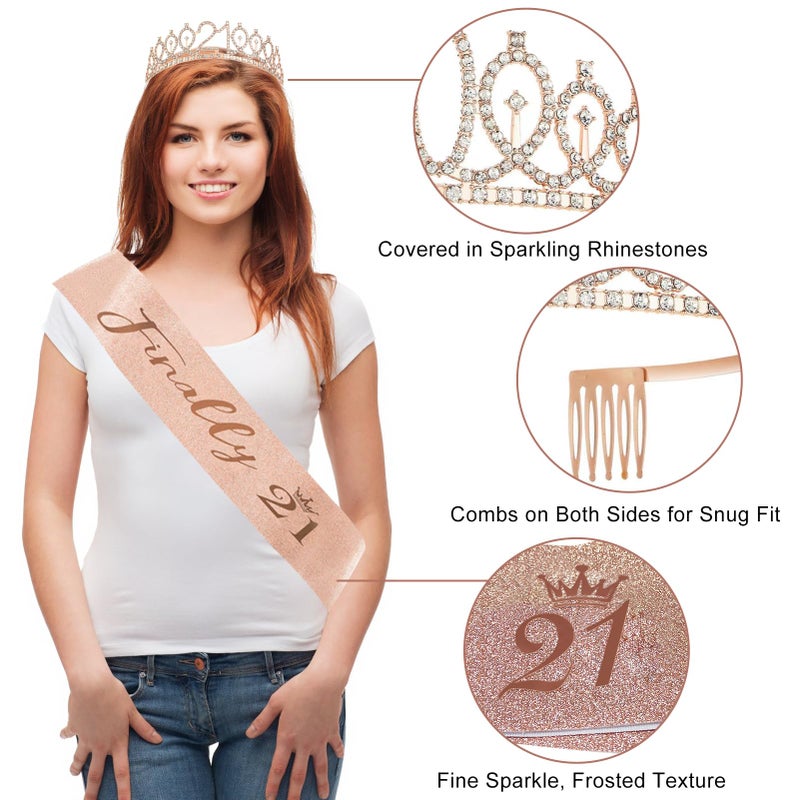 Uiorgui 21st Birthday Decorations for Her, 33pcs 21 Crown and Sash, Black Rose Gold Happy 21st Birthday Banner Balloons Backdrop Hanging Swirls Paper Fans, 21 Years Old Party Decorations Kit - Image 4