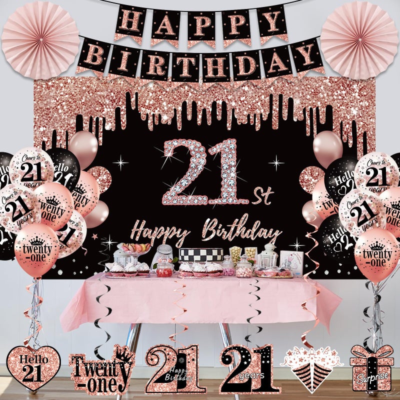 Uiorgui 21st Birthday Decorations for Her, 33pcs 21 Crown and Sash, Black Rose Gold Happy 21st Birthday Banner Balloons Backdrop Hanging Swirls Paper Fans, 21 Years Old Party Decorations Kit - Image 5