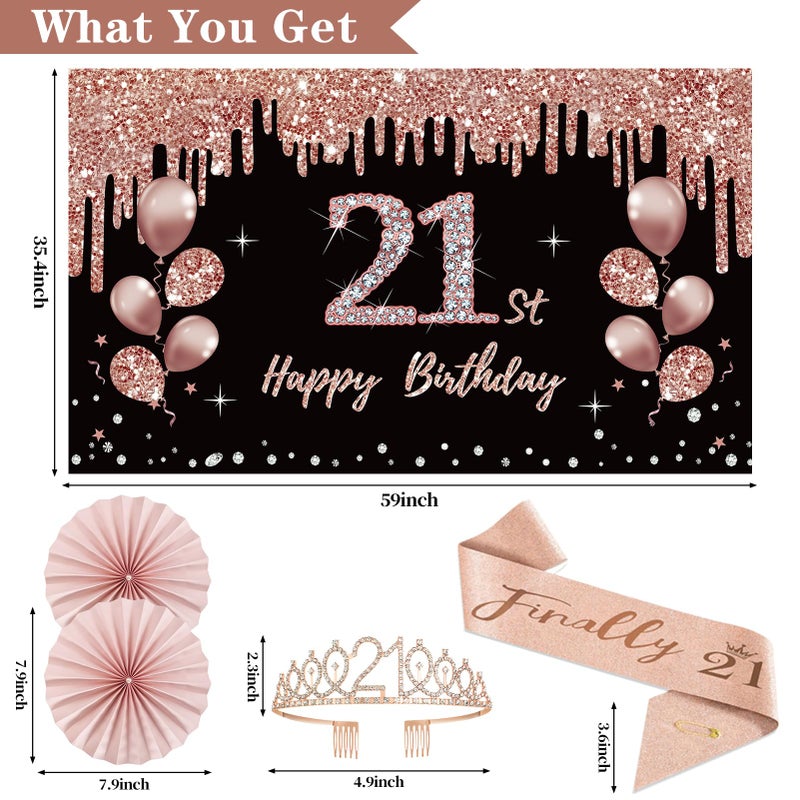 Uiorgui 21st Birthday Decorations for Her, 33pcs 21 Crown and Sash, Black Rose Gold Happy 21st Birthday Banner Balloons Backdrop Hanging Swirls Paper Fans, 21 Years Old Party Decorations Kit - Image 3