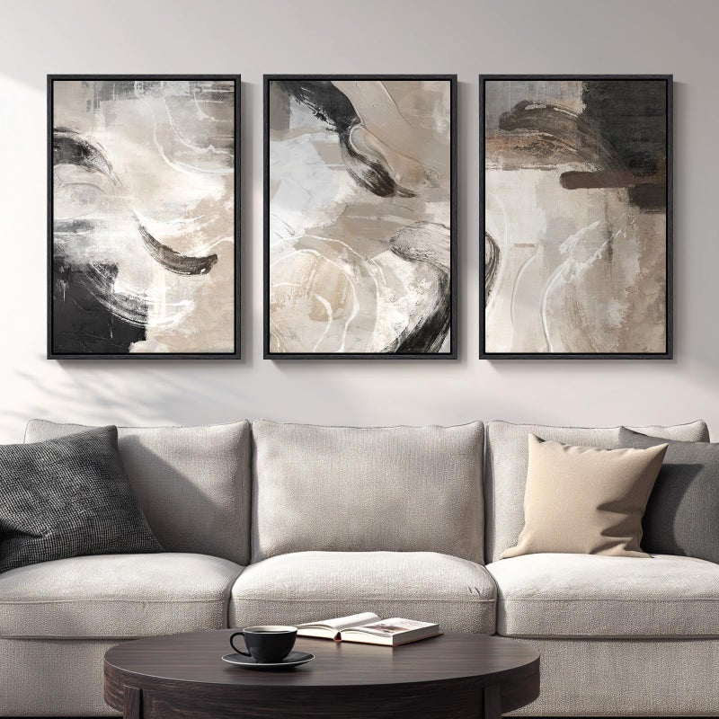 Cuspin Large Framed Neutral Abstract Wall Art, 3 Piece Modern Minimalist Canvas Prints Paintings Artwork for Walls, Black Beige Brown Neutral Tone Pictures for Living Room Hallway Dining Wall Decor 20x30 In - Image 1