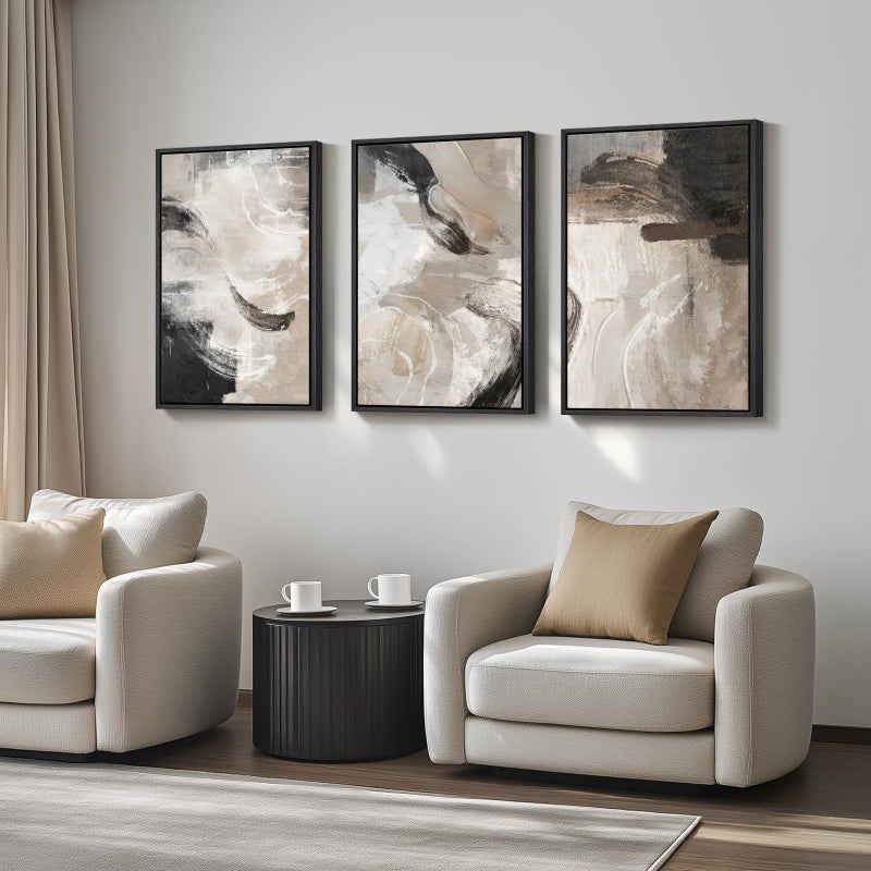 Cuspin Large Framed Neutral Abstract Wall Art, 3 Piece Modern Minimalist Canvas Prints Paintings Artwork for Walls, Black Beige Brown Neutral Tone Pictures for Living Room Hallway Dining Wall Decor 20x30 In - Image 2