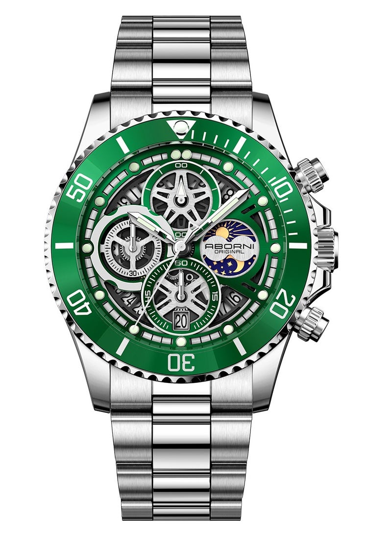 ABORNI Men’s Fashion Skeleton Quartz Watch, Mechanical-Style Multifunction Wristwatch with Date, Luminous Waterproof Stainless Steel Band - Image 1
