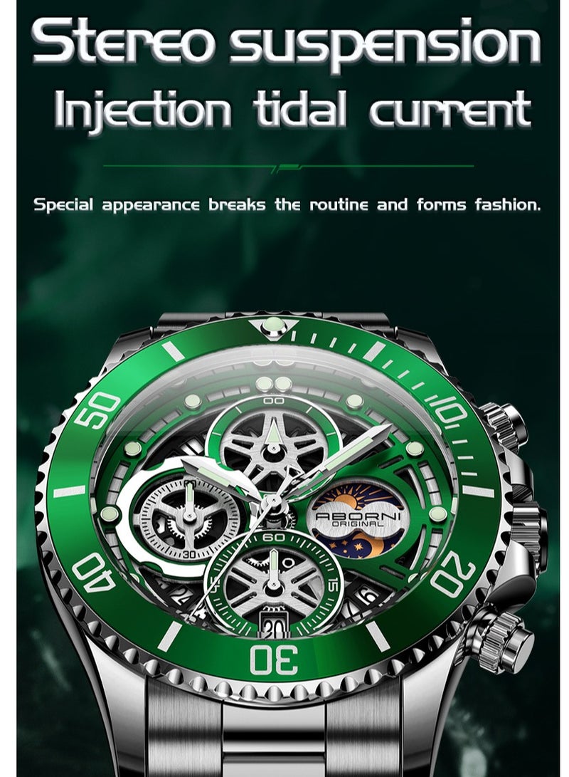 ABORNI Men’s Fashion Skeleton Quartz Watch, Mechanical-Style Multifunction Wristwatch with Date, Luminous Waterproof Stainless Steel Band - Image 2