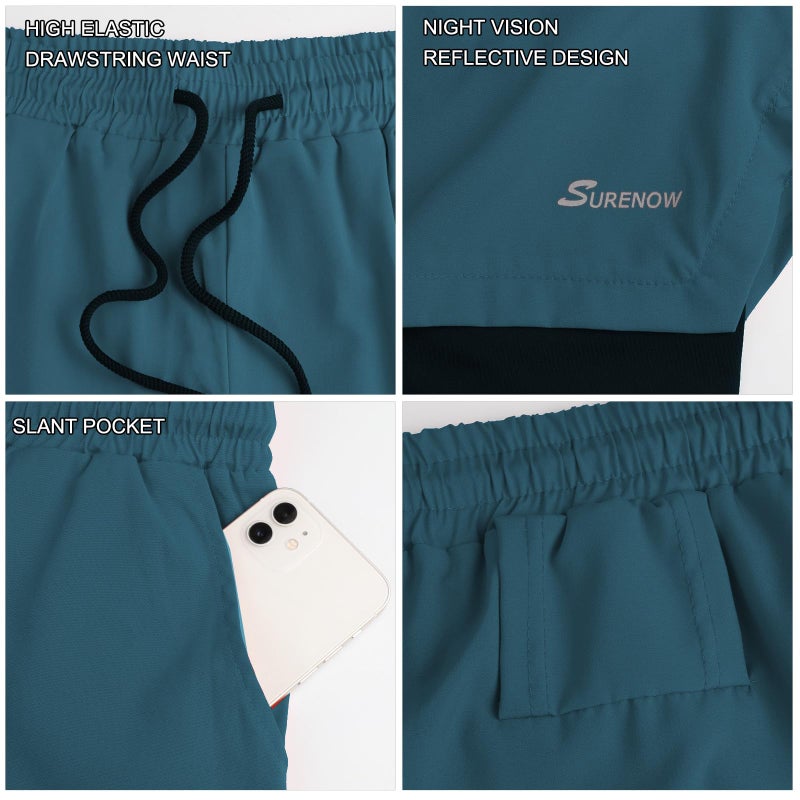 Surenow Mens 2 in 1 Running Shorts Quick Dry Athletic Shorts with Liner, Workout Shorts with Zip Pockets and Towel Loop (Peacock Blue, Large) - Image 4