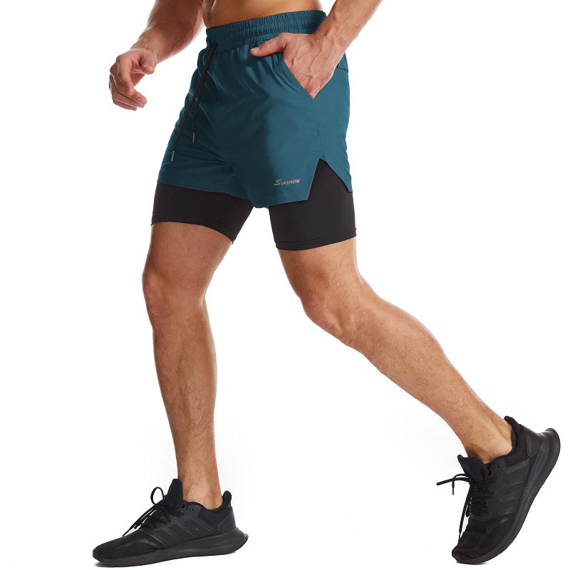 Surenow Mens 2 in 1 Running Shorts Quick Dry Athletic Shorts with Liner, Workout Shorts with Zip Pockets and Towel Loop (Peacock Blue, Large) - Image 3
