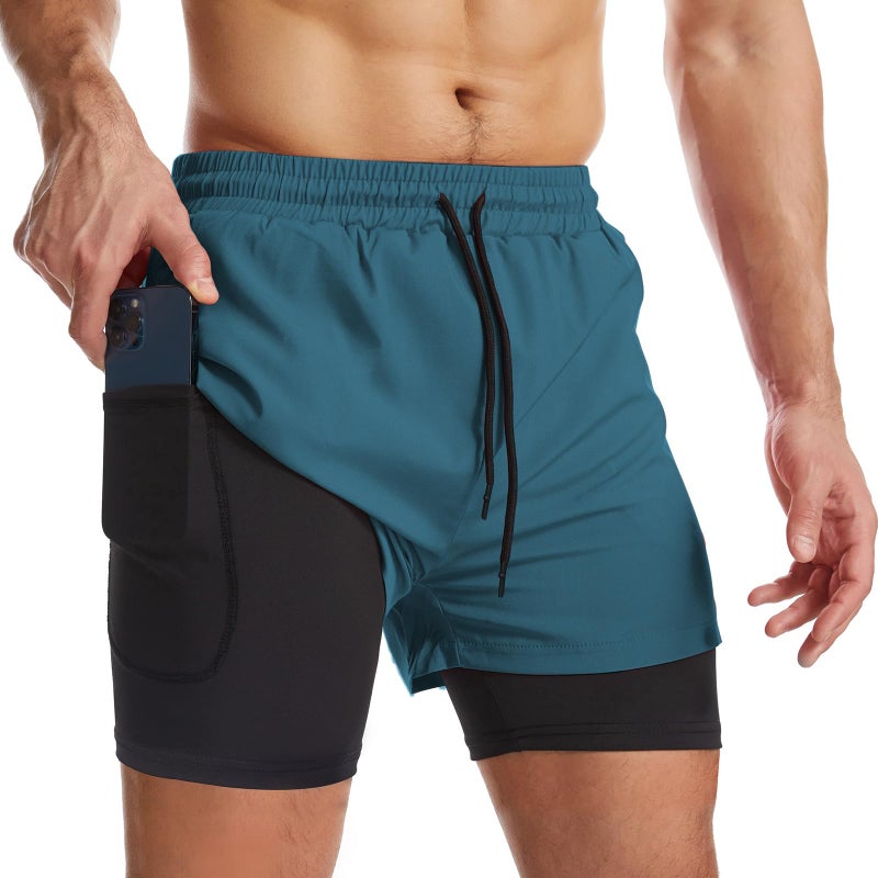 Surenow Mens 2 in 1 Running Shorts Quick Dry Athletic Shorts with Liner, Workout Shorts with Zip Pockets and Towel Loop (Peacock Blue, Large) - Image 1