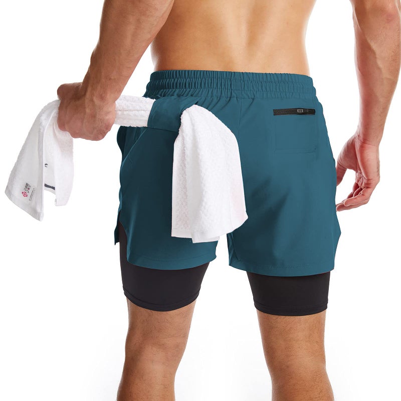Surenow Mens 2 in 1 Running Shorts Quick Dry Athletic Shorts with Liner, Workout Shorts with Zip Pockets and Towel Loop (Peacock Blue, Large) - Image 2