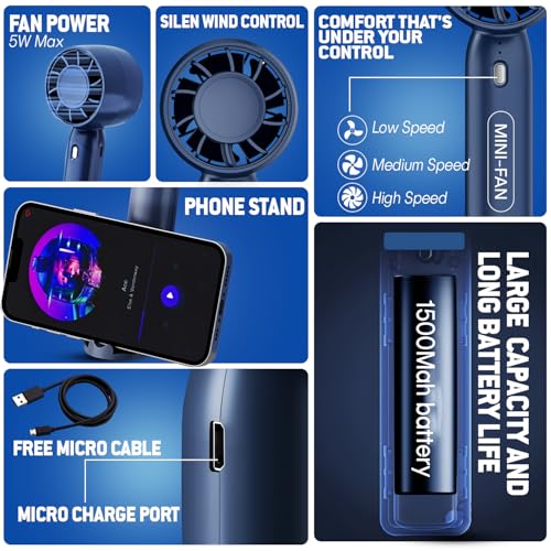Wagzo-Portable Mini USb Fan Rechargeable Hand Fan with Mobile Holder 3 Adjustable Speeds,1500mAh Battery, Lightweight Design, Low Noise, and Easy Portability for Indoor and Outdoor Use (Multicolor) - Image 2