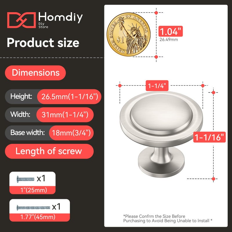 Homdiy 10 حزمة نحى الساتان النيكل مجلس الوزراء المقابض جولة درج المطبخ المقابض الصلبة سبائك الزنك درج يسحب للمطبخ الحمام خزانة خزانة الملابس - Image 2