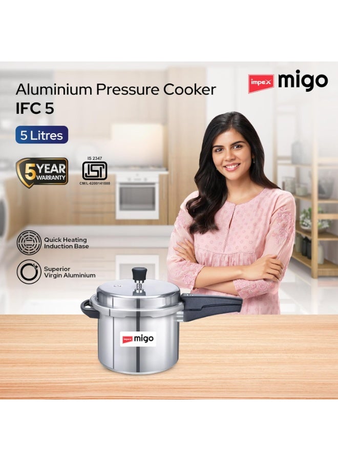 Impex 5 Litre Aluminium Pressure Cooker With Outer Lid | Induction And Gas Stove Compatible Pressure Cooker For Healthy Cooking | ISI Certified | 5 Years Warranty, Silver - Image 3