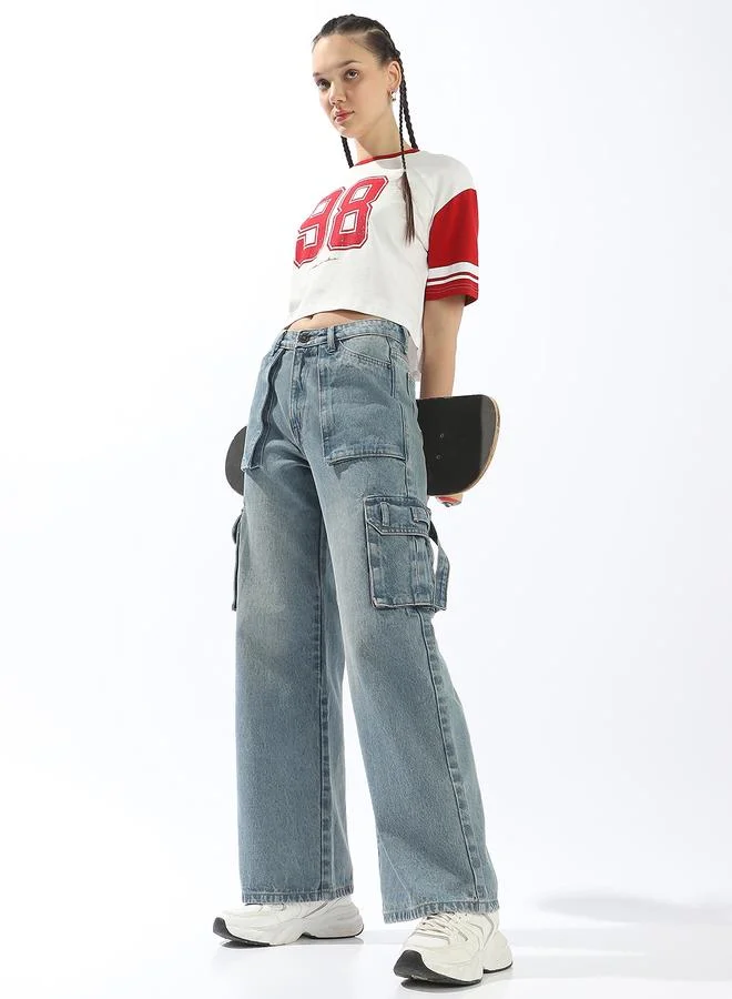 Women's Blue 100% Cotton Textured Full Wide Leg Jeans