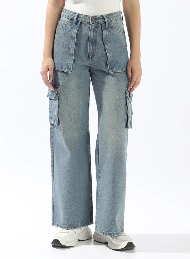 Hubberholme Women's Blue 100% Cotton Textured Full Wide Leg Jeans