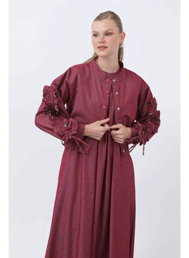 Loreen Women's Jacket Dress Set with Ruffle Details on Sleeves -20654TKS - BURGUNDY.