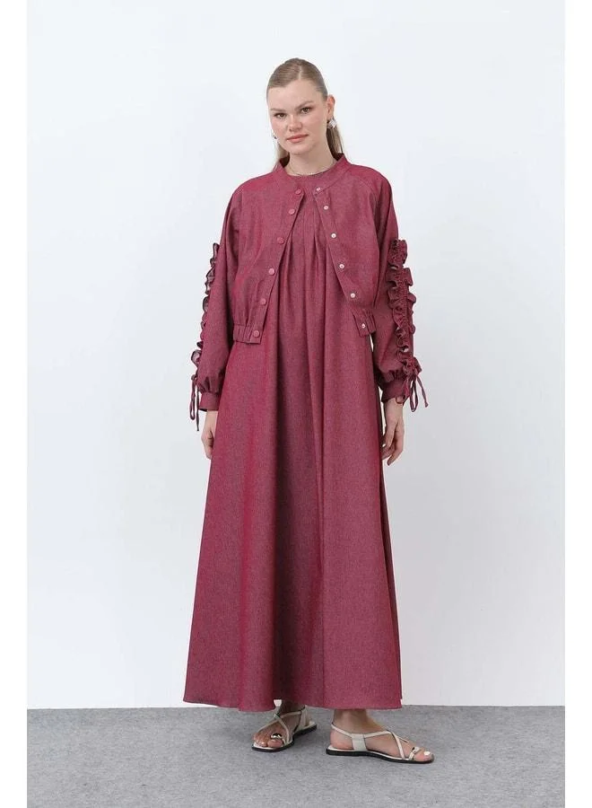 Loreen Women's Jacket Dress Set with Ruffle Details on Sleeves -20654TKS - BURGUNDY.