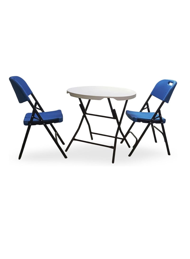 Folding Table and Chair Set, 3 Pieces, Round Table 80 cm, 2 Blue Chairs - Image 1