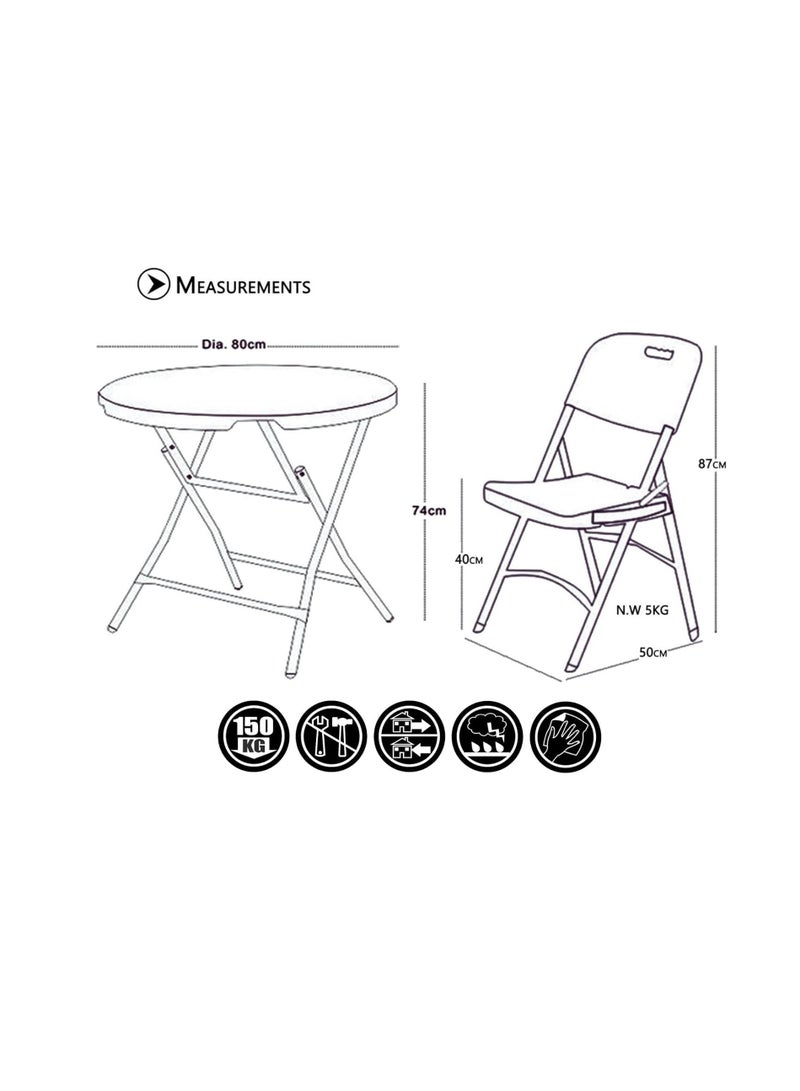 Folding Table and Chair Set, 3 Pieces, Round Table 80 cm, 2 Blue Chairs - Image 4