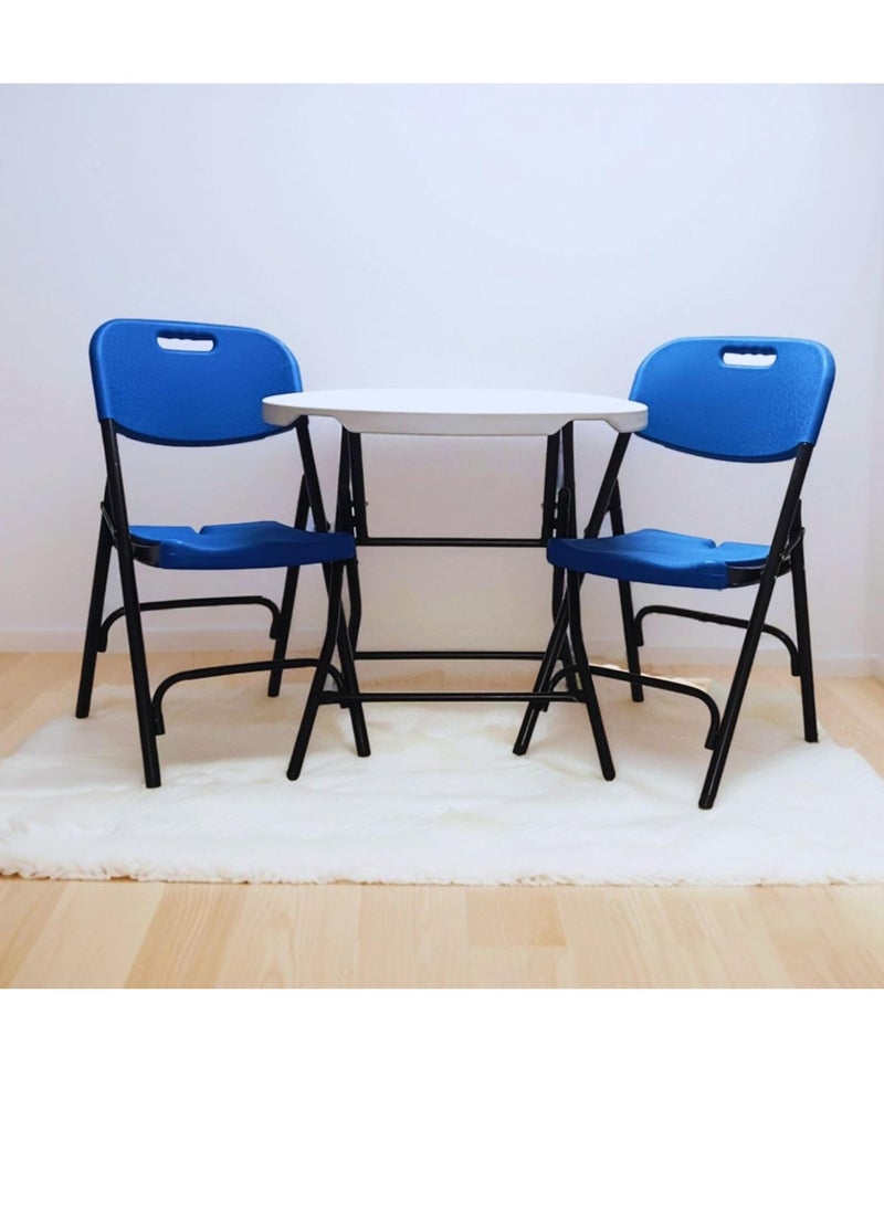 Folding Table and Chair Set, 3 Pieces, Round Table 80 cm, 2 Blue Chairs - Image 5