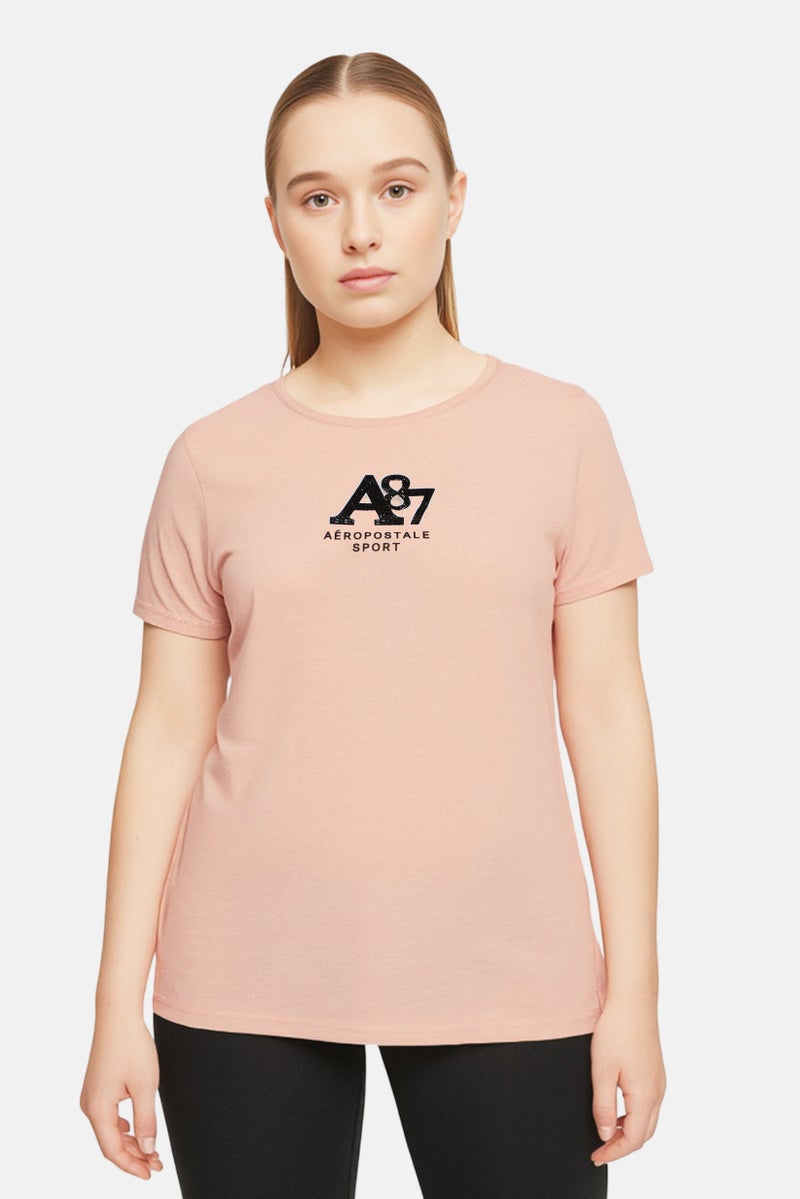Aeropostale تي شيرت خارجي قصير الأكمام للنساء بمقاسات كبيرة، خوخي - Image 1