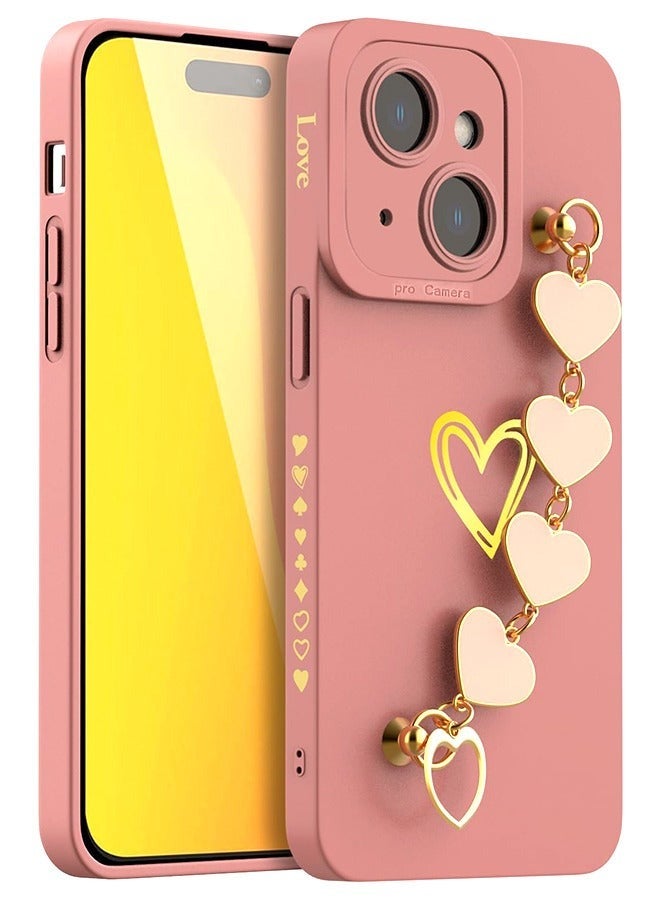 Captaintech Compatible With iPhone 15 Case For Women With Full Camera Lens Protection And Hand Strip Loop, Silicone Heart Girly Lovely Side Soft Slim Shockproof Protective Cover Pink - Image 1
